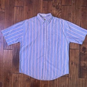 Vintage - DENIM EXPRESS - Striped Button Up Short Sleeve Shirt sz. L Pink Blue